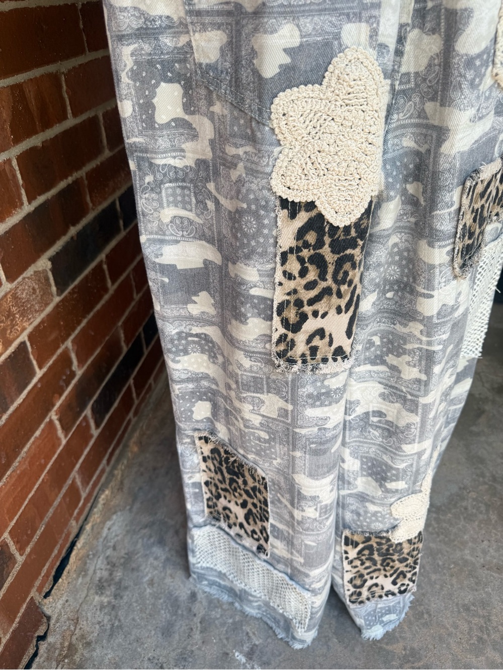 POL Patchwork Crochet Leopard Wide Leg Overalls Boho Jumpsuit L - Picture 10 of 15